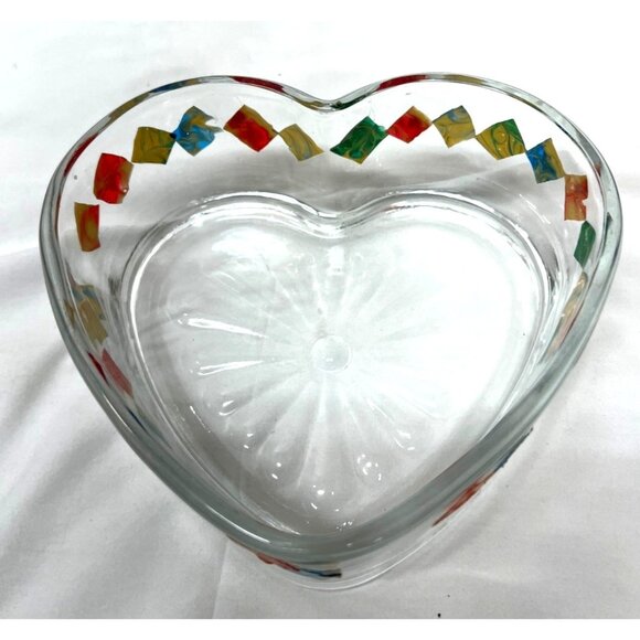 Heart-Shaped Glass Bowl With Colorful Diamond Pattern - Picture 1 of 4